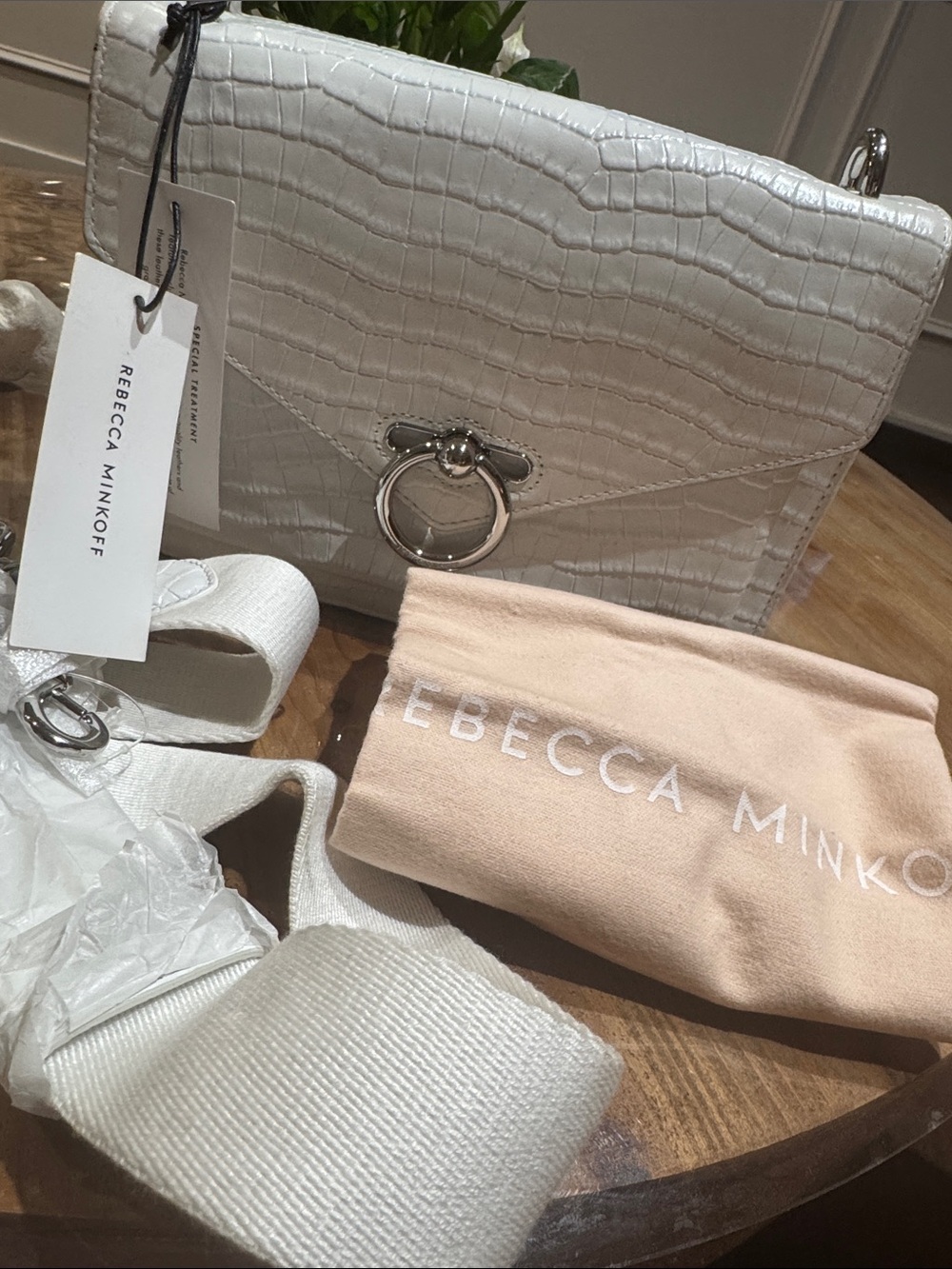 Rebecca Minkoff White Croc-Embossed Crossbody Bag with Silver Ring Hardware